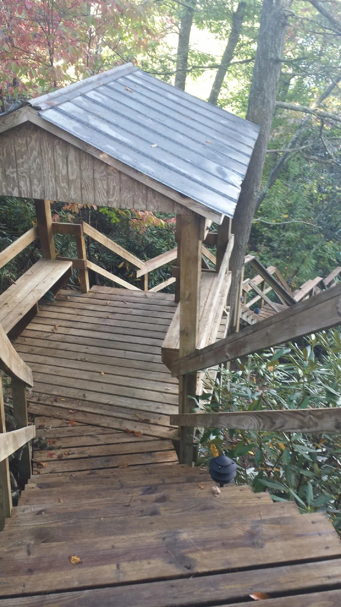 Metal roofed shelter over wooden steps on a wooded walkway — Skylight Repair & Installation work by our crew in Eggleston
